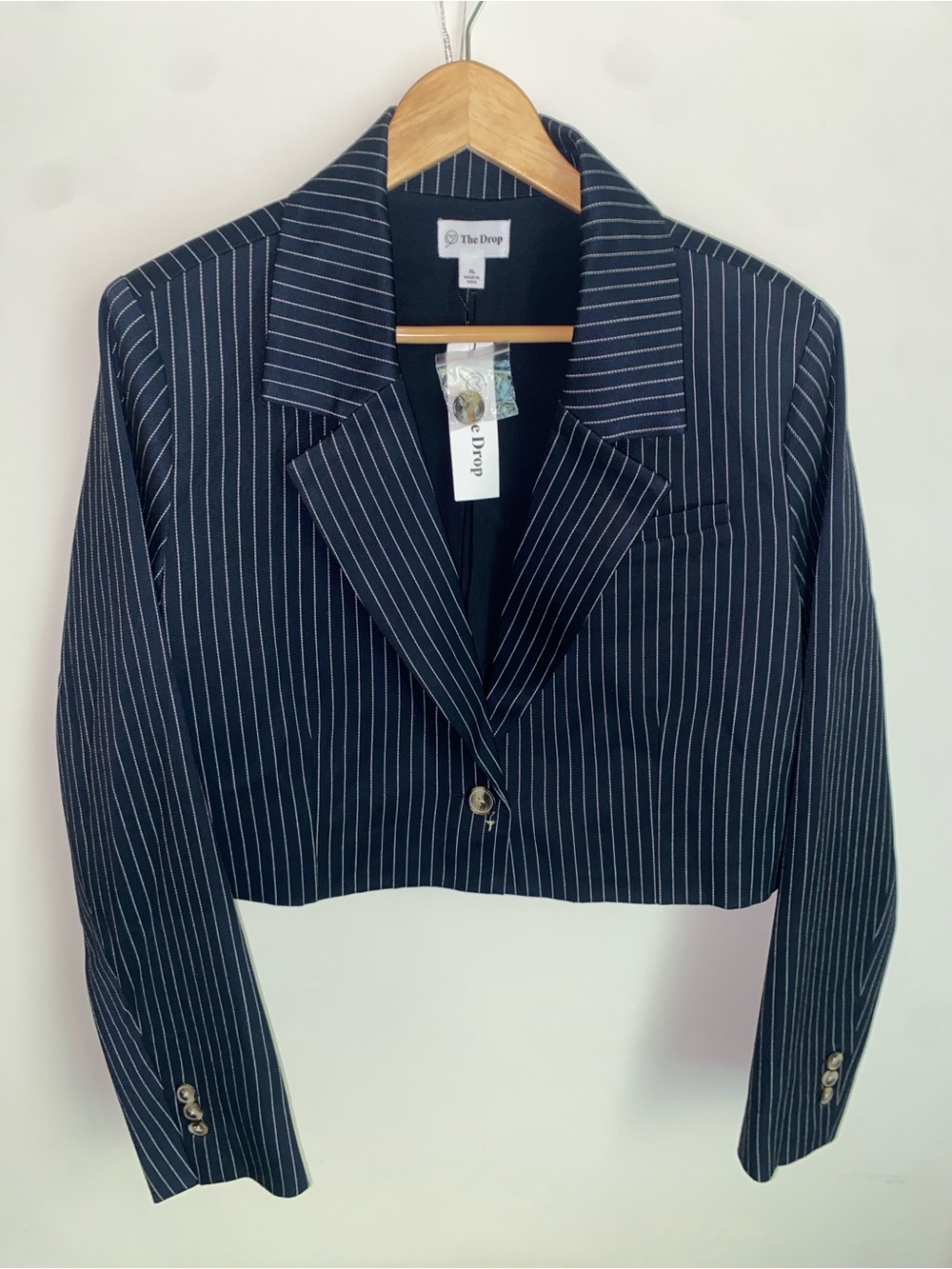 The Drop Women's Navy Pinstripe Cropped Blazer